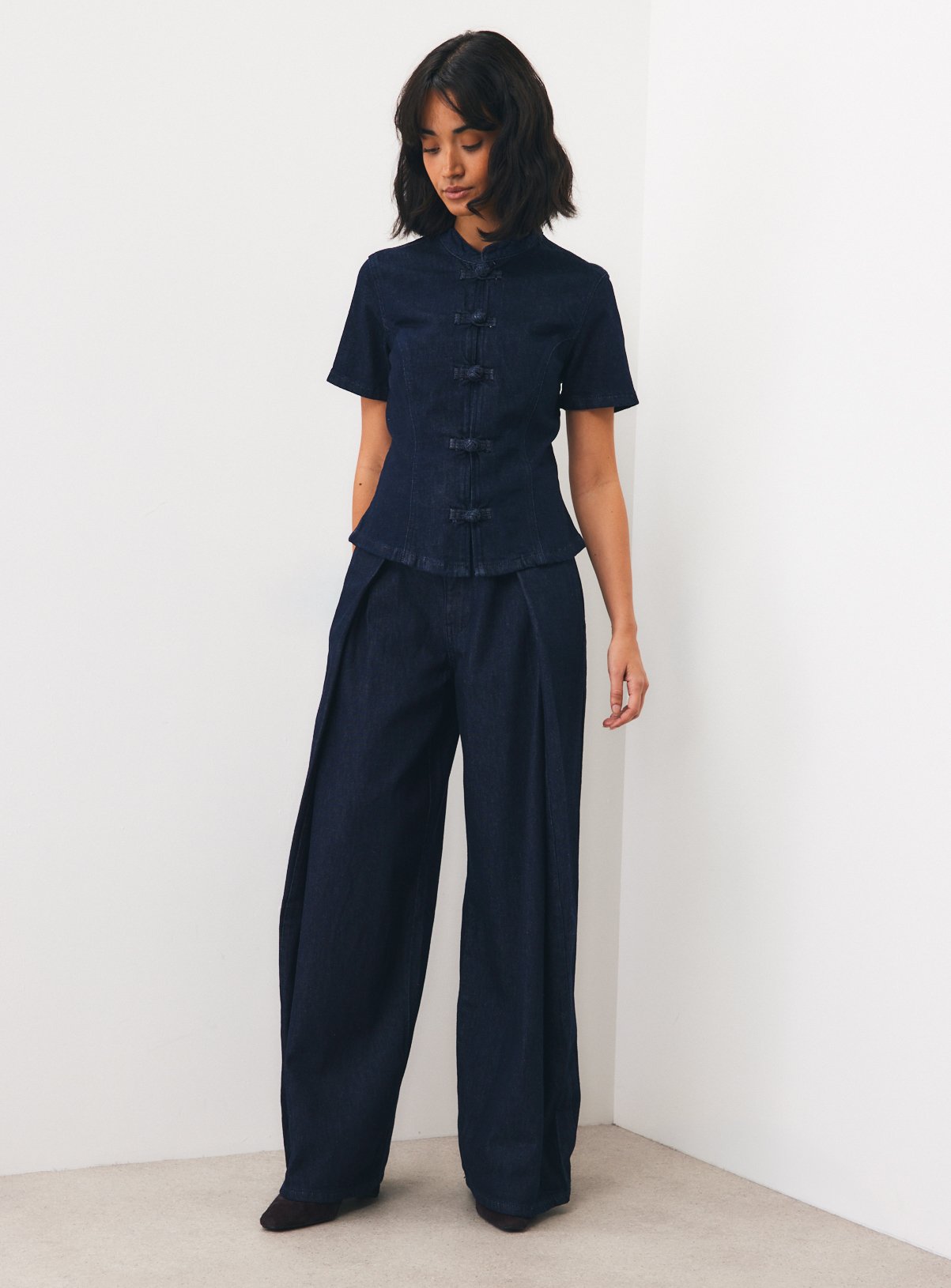 Dark Denim Frog Fastening Grandad Collar Top 12 - Image 3 thumbnail